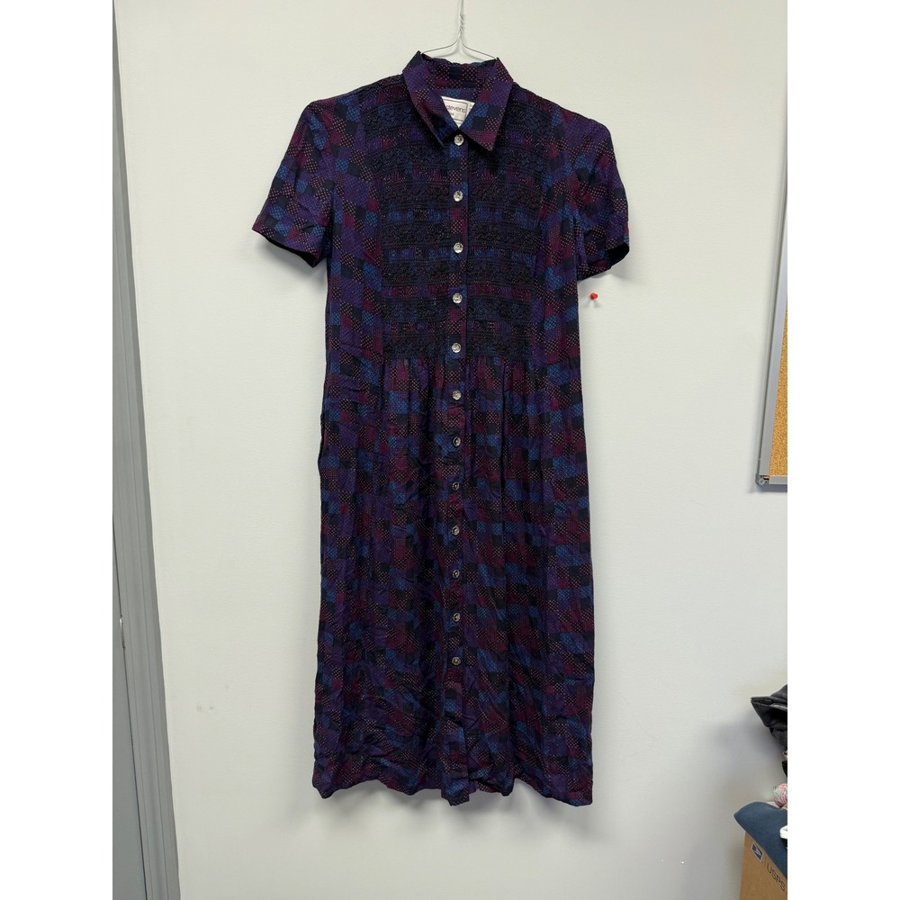 Karin Stevens Petites Vintage 90s Purple Geometric Smocked Rayon Midi Dress 4P